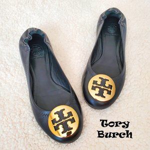 Tory Burch Black Loafers with Gold Emblem